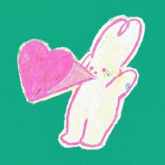 a drawing of a teddy bear with a pink heart in its mouth on a green background