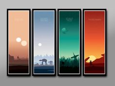 four star wars posters with the silhouettes of people and animals on them, all in different colors