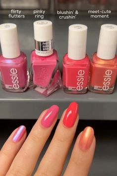 essie nail polish colors for spring 🩷❤️🧡 which one is youe favorite? Essie Summer Nails, Essie Nail Polish 2024, 2024 Nail Polish Colors, Spring Nail Polish Colors 2024, Nail Polish Colors Summer 2024, Pink Nails Essie, Nail Polish Color Ideas, Essie Summer Colors, La Colors Nail Polish