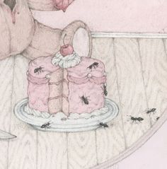 a drawing of two cakes on a plate with a teddy bear next to it and another piece of cake in the background