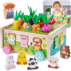 a wooden toy box filled with lots of different types of toys and animals around it