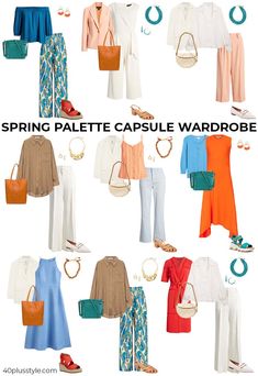 Spring color palette - are you a spring seasonal type - 40+style Spring Palette Capsule Wardrobe, Capsule Wardrobe Light Spring, Spring Colour Palette Outfits, True Spring Capsule Wardrobe, Spring Palette Outfits, Warm Spring Capsule Wardrobe, True Spring Outfits, Bright Spring Clothes, Spring Season Outfit