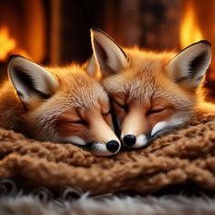 two foxes are sleeping next to each other in front of a fireplace with their eyes closed