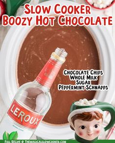 a bowl of hot chocolate next to a bottle of boozy hot chocolate with whipped cream and peppermint schnapps