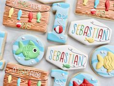 decorated cookies with the names of different types of sea animals and seashells on them