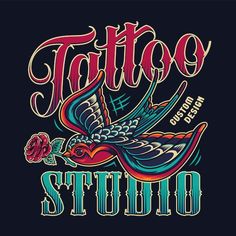 the tattoo studio logo is shown on a black background with an image of a bird and roses