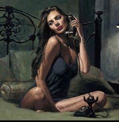 a painting of a woman sitting on a bed talking on the phone while holding a telephone