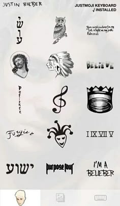 an image of some tattoos on the back of a sheet of paper with words written in different languages