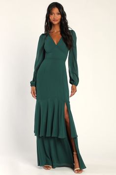 Hunter Green Maxi Dress - Long Sleeve Maxi Dress - Tiered Dress - Lulus Elegant Green Fitted Maxi Dress, Formal Green Maxi Dress For Fall, Elegant Green Maxi Dress For Fall, Green Long Sleeve Maxi Dress, Hunter Green Maxi Dress, Lulus Bridesmaid Dresses, Fall Wedding Outfits, Long Sleeve Bridesmaid Dress, Fall Wedding Guest Dress