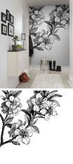 two pictures with black and white flowers on the wall next to each other in front of an open door