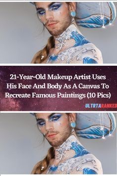 two pictures of a woman with blue makeup and body art