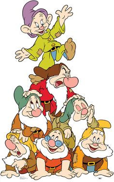 the seven dwarfs are standing on top of each other, with their hands in the air