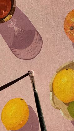 an oil painting of lemons and oranges on a pink background with a brush