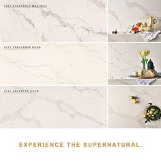 an advertisement for the new marble countertops and backsplashes line up against each other