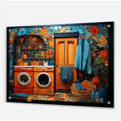 an image of a laundry room with flowers on the wall and washing machine in the foreground