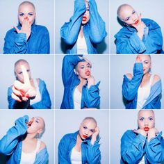 a woman with shaved hair is posing for pictures