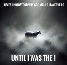 a sheep is walking through the fog with an inspirational quote above it that reads, i never understand why god would leave the 99