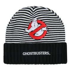 a black and white striped hat with ghostbusters on it