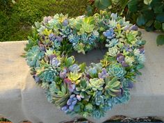 a heart shaped wreath with succulents sits on a table in front of some plants