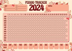 a calendar with the words period tracker in red and pink flowers on it's side