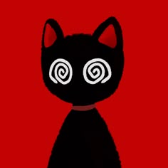 a black cat with big eyes on a red background