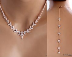 the back of a woman's neck wearing a diamond necklace and earring set