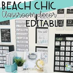 a desk with some pictures on the wall and a clock above it that says beach chic classroom decor editable