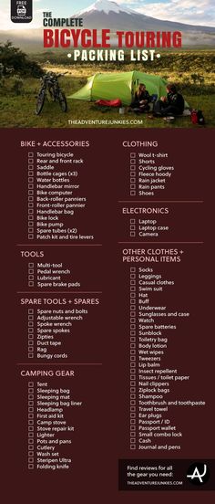 the bicycle touring packing list is shown in red and black, with an image of a mountain