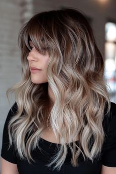 47+ Icy Blonde Balayage Hair Ideas Brown To Blonde Hair With Bangs, Side Bangs Balayage Hair, Ash Blonde Balayage With Bangs, Hair Color With Bangs Ideas, Brown Blonde Balayage With Bangs, Growing Out Brown Hair From Blonde, Balayage Hair Blonde Bangs, Brown To Blonde Balayage With Bangs, Cool Blonde With Dark Roots