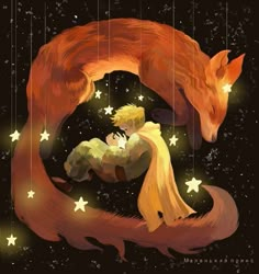 two people are hugging in the middle of a fox and star filled sky with stars