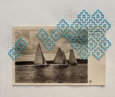 an old photo with sailboats in the water and blue flowers on the wall behind it