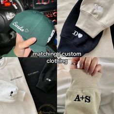 three different pictures with the same hat and other items in each photo, one is wearing a t - shirt that says matching / custom clothing