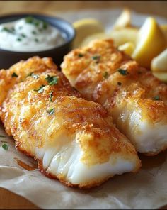 some fish and chips on a plate with dipping sauce