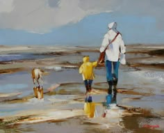 a painting of a man and child walking on the beach