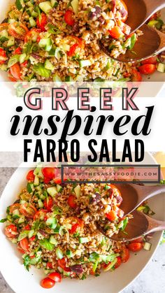 greek inspired farro salad with tomatoes, cucumbers and other vegetables on a white plate