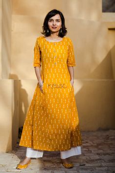 Ikat Kurti Design, Front Pocket Kurti Design, Ikat Print Dress, Ikat Print Kurti Designs, Ikat Kurta Designs Cotton, A Line Kurta Designs, A Line Frocks For Women, Ikat Kurti Designs, Ikat Kurta Designs