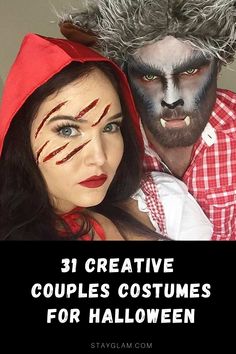 two people dressed up as devil and wolf with text that reads 31 creative couples costumes for halloween