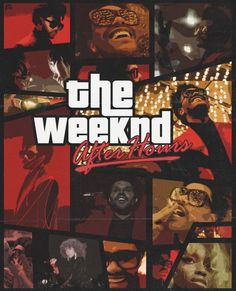 the weeknd album cover with collage of photos and words in red, black and white