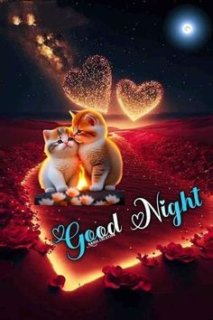 two cats sitting next to each other on top of a red background with the words good night