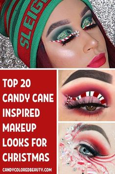 Christmas Elf Makeup, Candy Cane Eyeliner, Reindeer Makeup, Makeup Brown Eyes, Christmas Eyeshadow Looks, Makeup Looks Winter, Christmas Makeup Simple, Eyeshadow And Eyeliner, Christmas Party Makeup