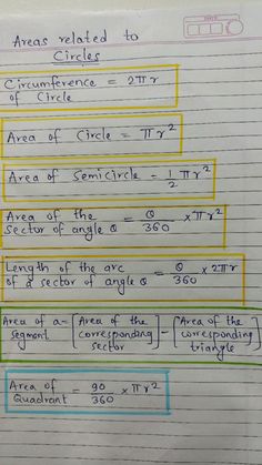 a piece of paper with writing on it that says area related to circles and circumferences