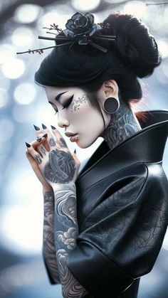 Coloring Reference, Cyberpunk Women, Tattoo Henna, Tattoed Women, Japon Illustration, Goth Beauty