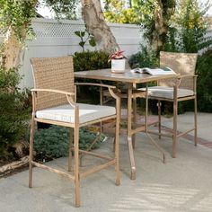 an outdoor table with two chairs and a potted plant