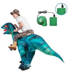 a man riding on the back of a dinosaur costume