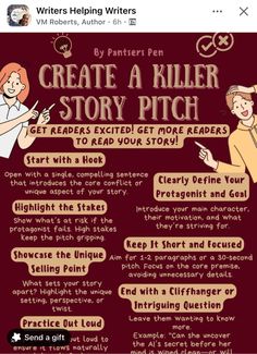 an image of a poster with words on it that say, create a killer story pitch