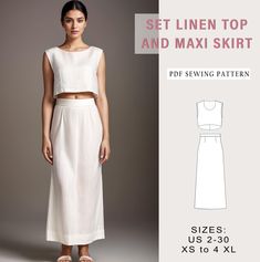 Digital sewing pattern for set LINEN TOP AND MAXI SKIRT ✔️ US Sizes: 2, 4, 6, 8, 10, 12, 14, 16, 18, 20, 22, 24, 26, 28, 30 ✔️ Standard sizes: XS, S, M, L, XL, 2XL, 3XL, 4XL/5XL ✔️These templates are suitable for A4, A0 and US Letter size paper. When you purchase this pattern, you will receive a digital (pdf) sewing pattern and instructions. Once your payment processes, you will automatically receive a download links of pattern files. If you have any problem accessing the files, please don't hes Maxi Skirt Sewing, Maxi Skirt Sewing Pattern, Modest Skirt, Skirt Sewing Pattern, Skirt Sewing, Modest Skirts, Skirt Patterns Sewing, Sewing Skirts, Sewing Pattern Sizes