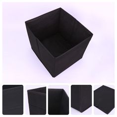 four different views of a black box with the bottom section folded down and three sides open