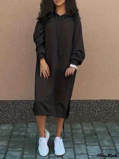 Olivia Mark - Womens Plus Size Solid Long Sleeve Hooded Sweatshirt Dress with Drawstring and Pockets - Casual & Comfortable Hooded Sweatshirt Dress, Curve Dresses, Dress With Pockets, Sweatshirt Dress, Olivia Mark, Wearing Black, Hooded Sweatshirt, Hooded Sweatshirts, Casual Wear