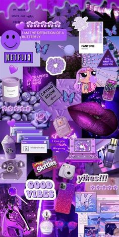 a collage of purple images with different items