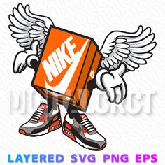 an orange box with wings and the words nike layered svg png eps